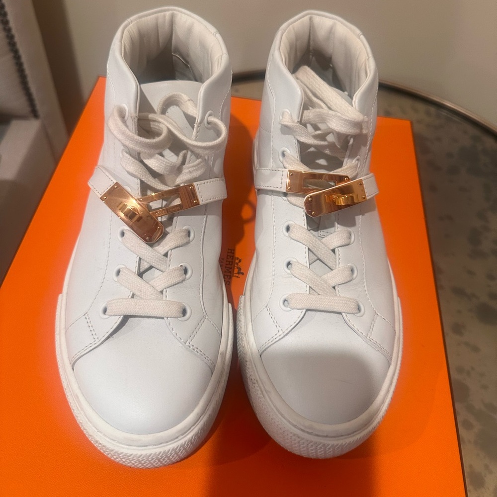 HERMES HIGH TOP Kelly Lock Sneaker, WHITE, GHW, Size 37, worn twice
